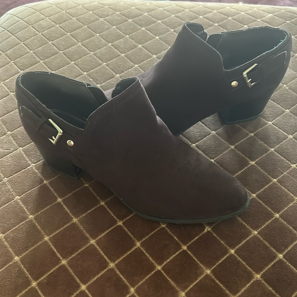 Brown microfiber bootie with gold buckle detail